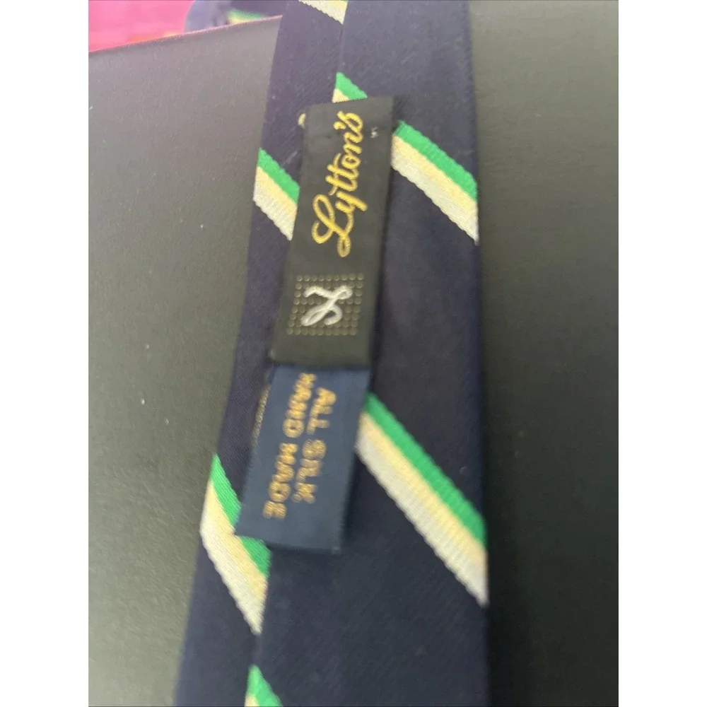 vintage Bill Blass Lyttons Chicago Silk Regimental Tie Navy Green FLAWED AS-IS